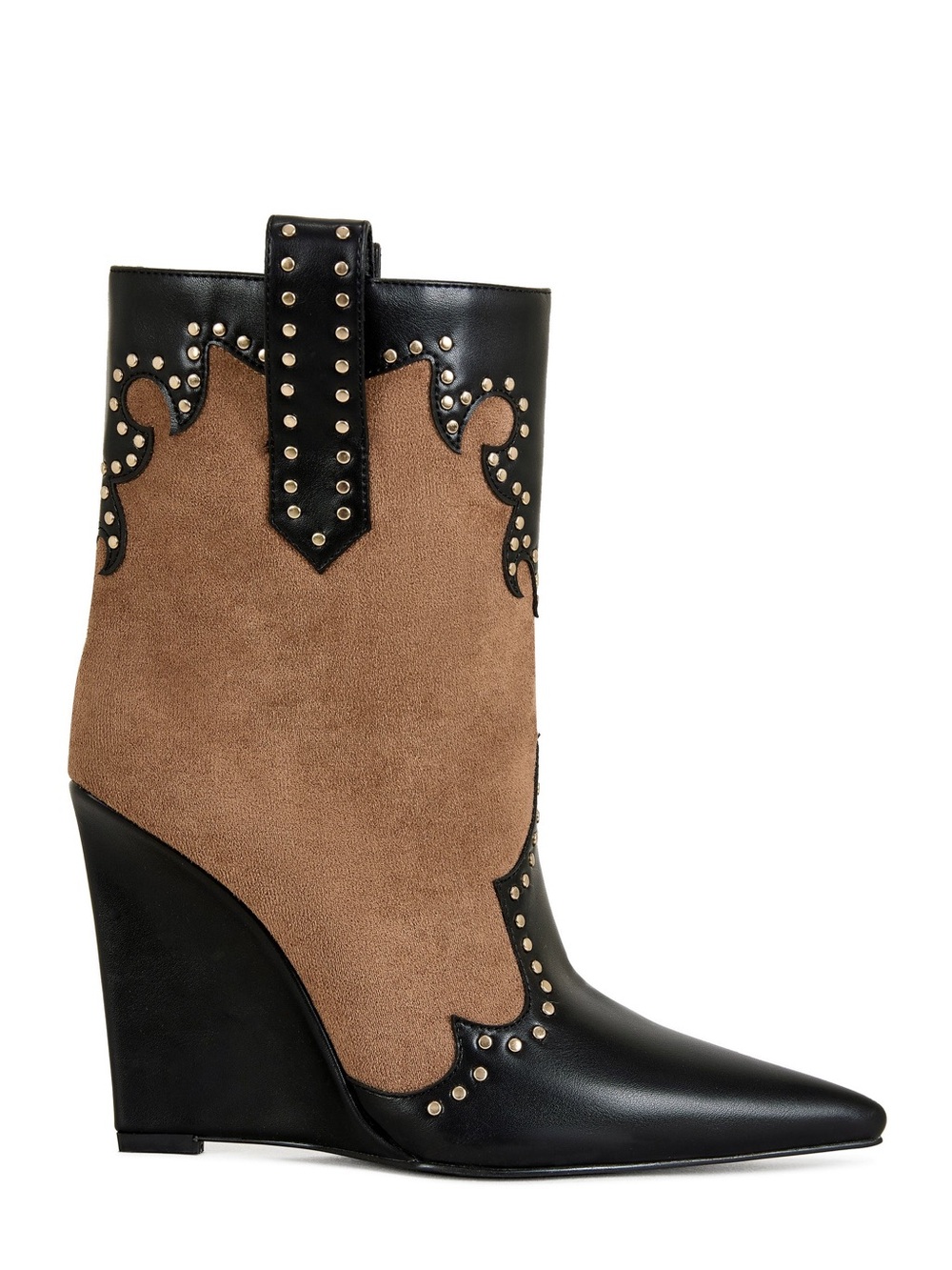 Two-Tone Studded Western Wedge Ankle Boot - Black/Tan - Picture 2 of 2